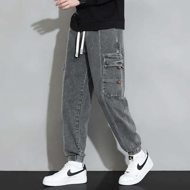 Men's retro cotton workwear jeans loose fit zip fly trousers available in gray black blue retro colour