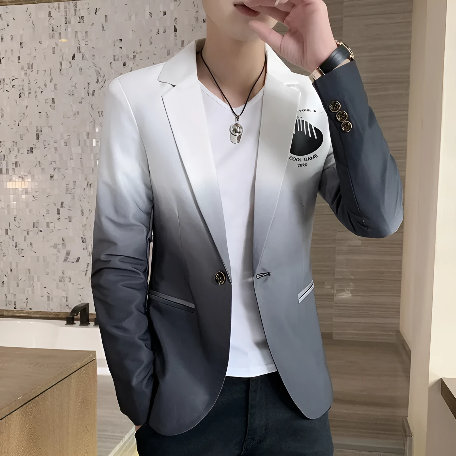 Men's gradient blazer jacket Korean slim fit single-breasted one-button casual suit in khaki