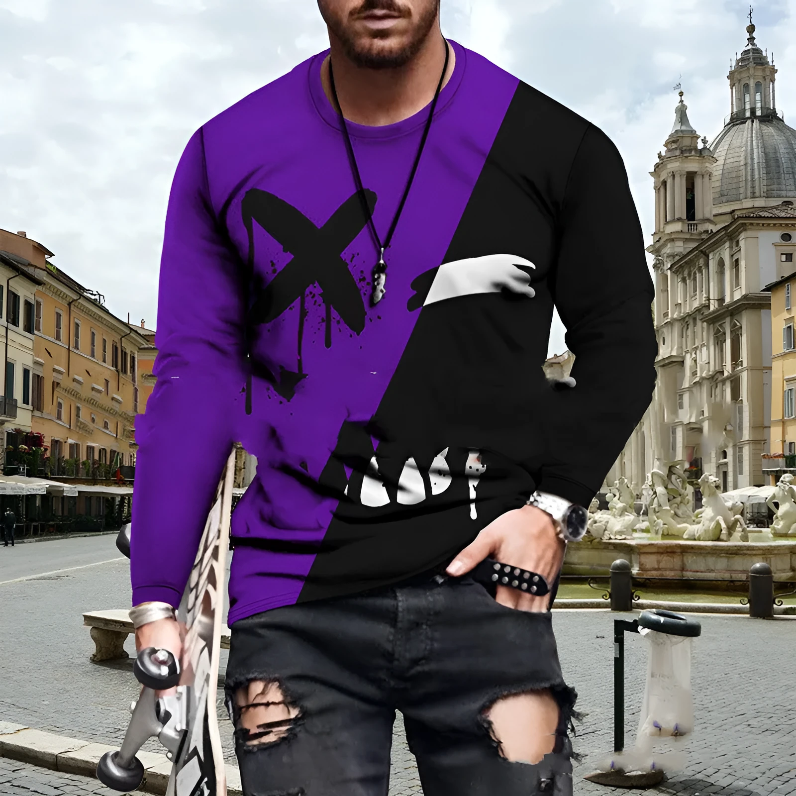 Colour block digital print men's t-shirt with round neck in polyester blend fabric