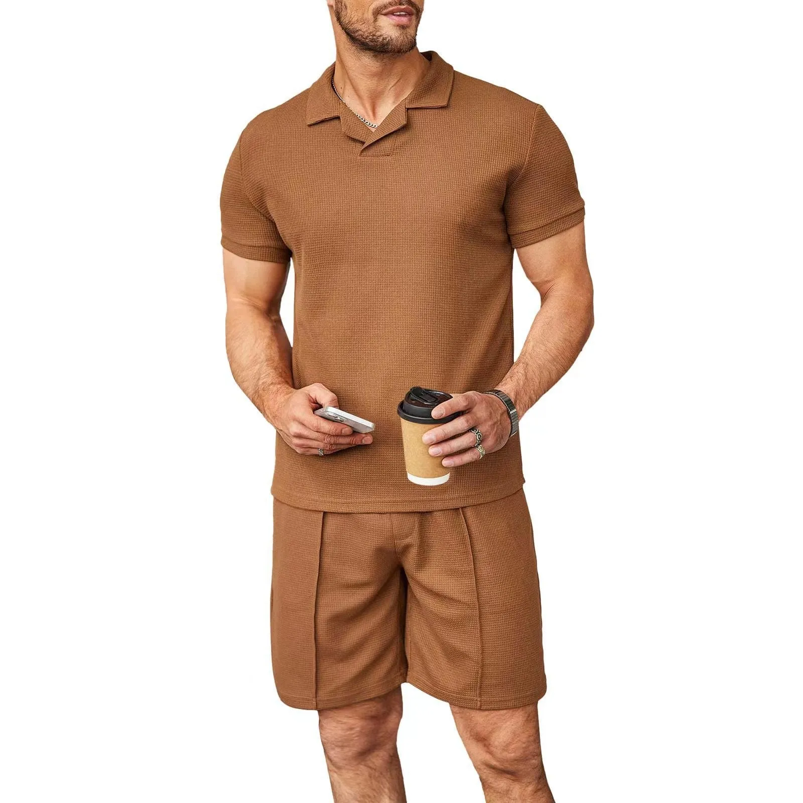 Men's 2pcs set V neck polo shirt and shorts in waffle style, available in multiple colours for summer
