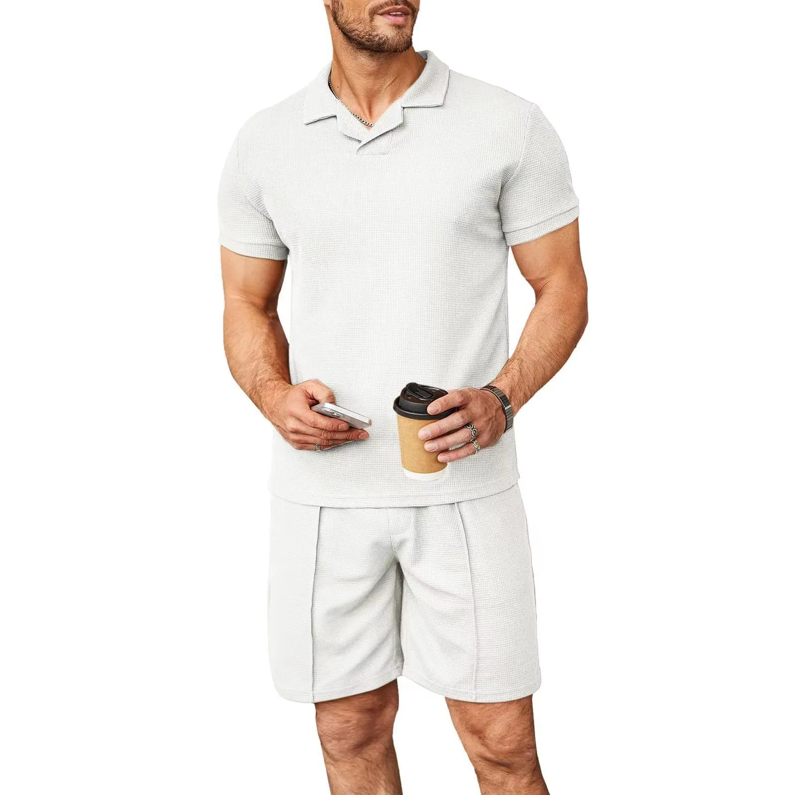 Men's 2pcs set V neck polo shirt and shorts in waffle style, available in multiple colours for summer