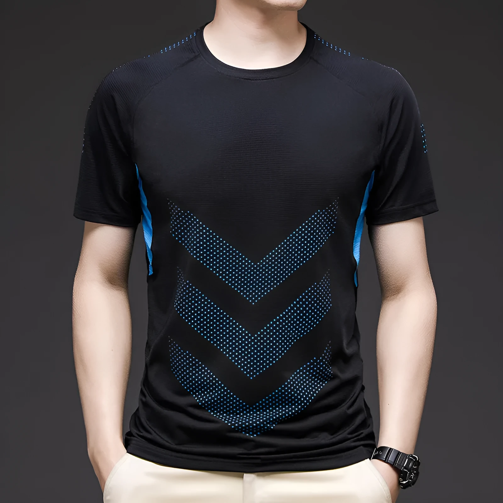 Men's ice silk cotton quick-dry short sleeve training t-shirt in blue on white background.