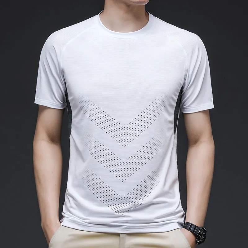 Men's ice silk cotton quick-dry short sleeve training t-shirt in blue on white background.