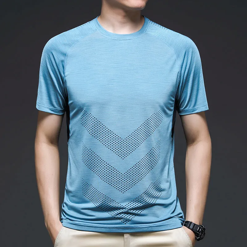 Men's ice silk cotton quick-dry short sleeve training t-shirt in blue on white background.