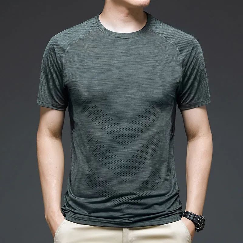 Men's ice silk cotton quick-dry short sleeve training t-shirt in blue on white background.