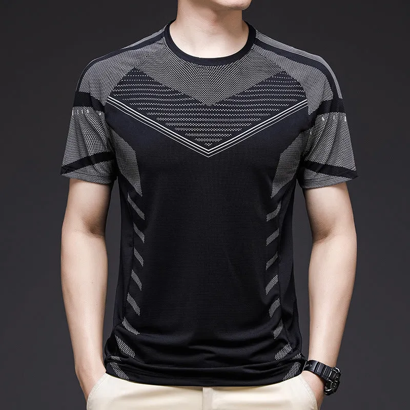 Men's ice silk cotton quick-dry short sleeve training t-shirt in blue on white background.