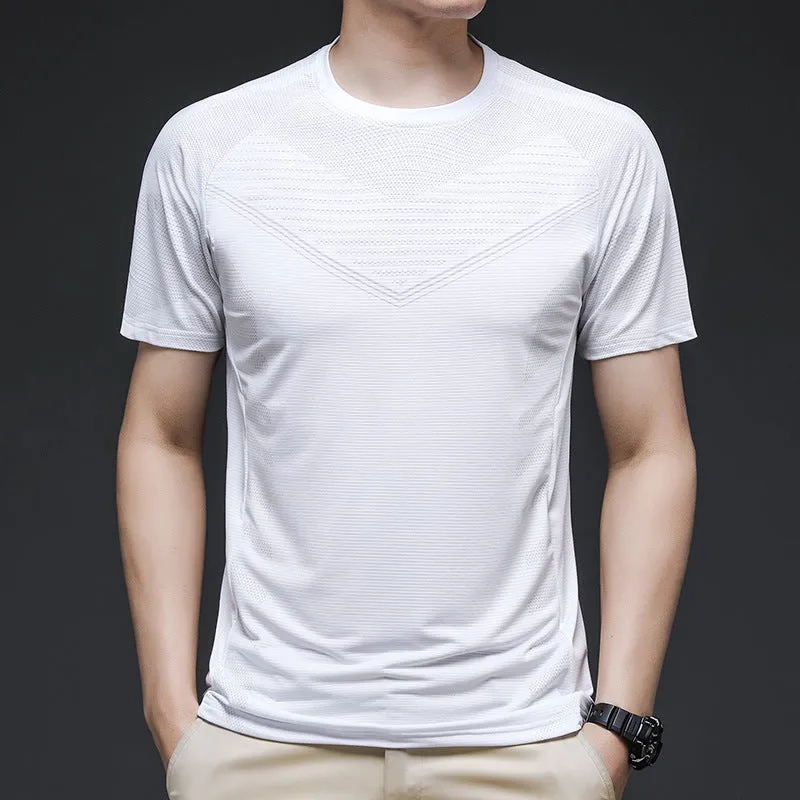 Men's ice silk cotton quick-dry short sleeve training t-shirt in blue on white background.