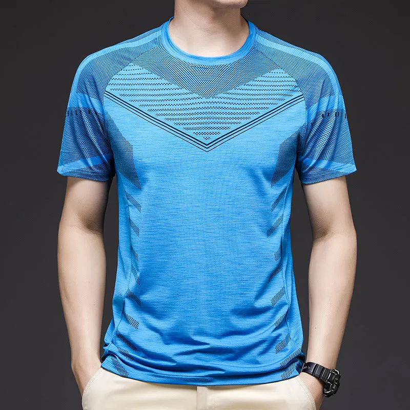 Men's ice silk cotton quick-dry short sleeve training t-shirt in blue on white background.