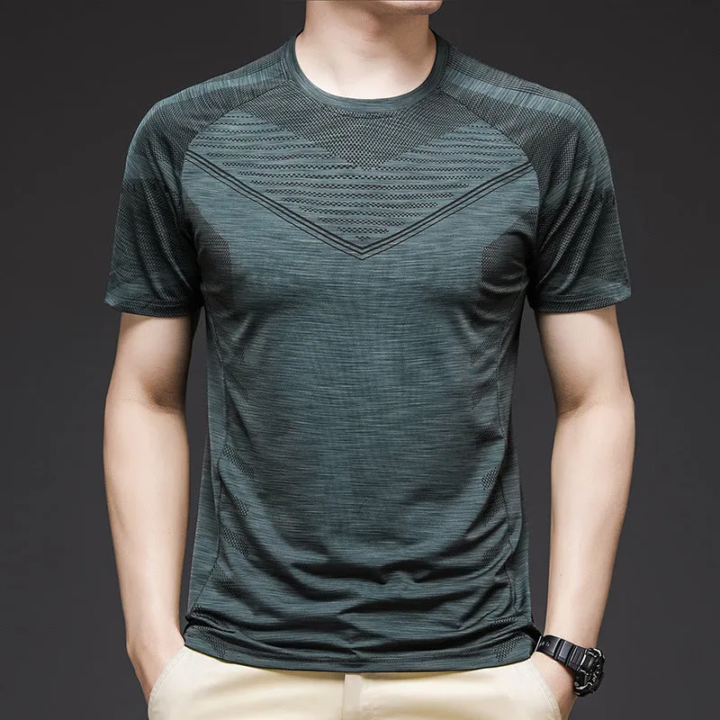 Men's ice silk cotton quick-dry short sleeve training t-shirt in blue on white background.