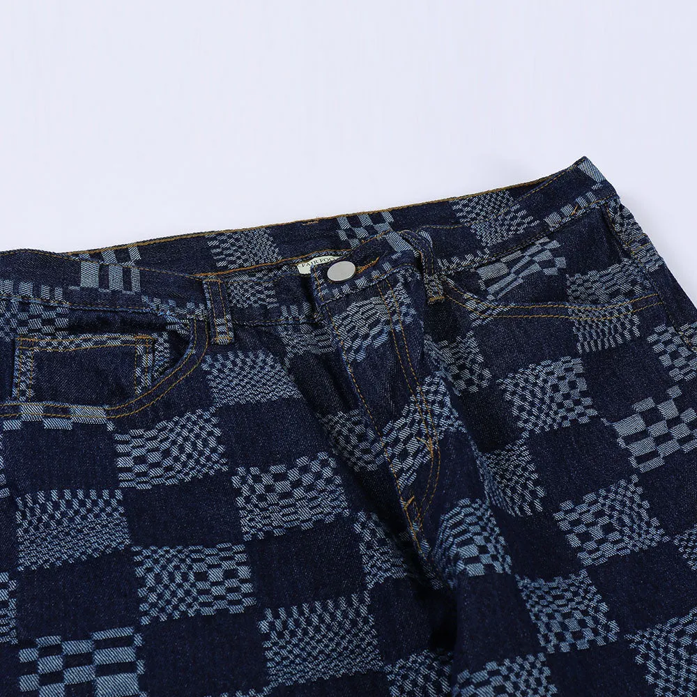 Men's black checkerboard jacquard straight loose fit cotton jeans