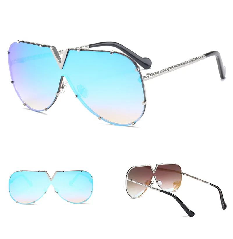 Frameless rivet sunglasses with metal retro punk frame and UV400 PC lenses in blue film colour