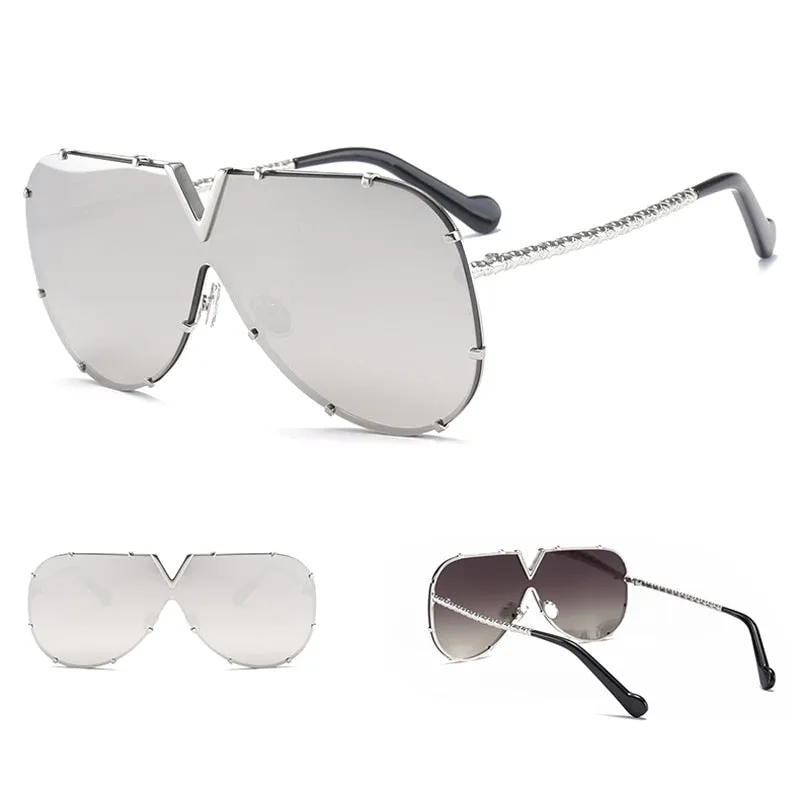 Frameless rivet sunglasses with metal retro punk frame and UV400 PC lenses in blue film colour