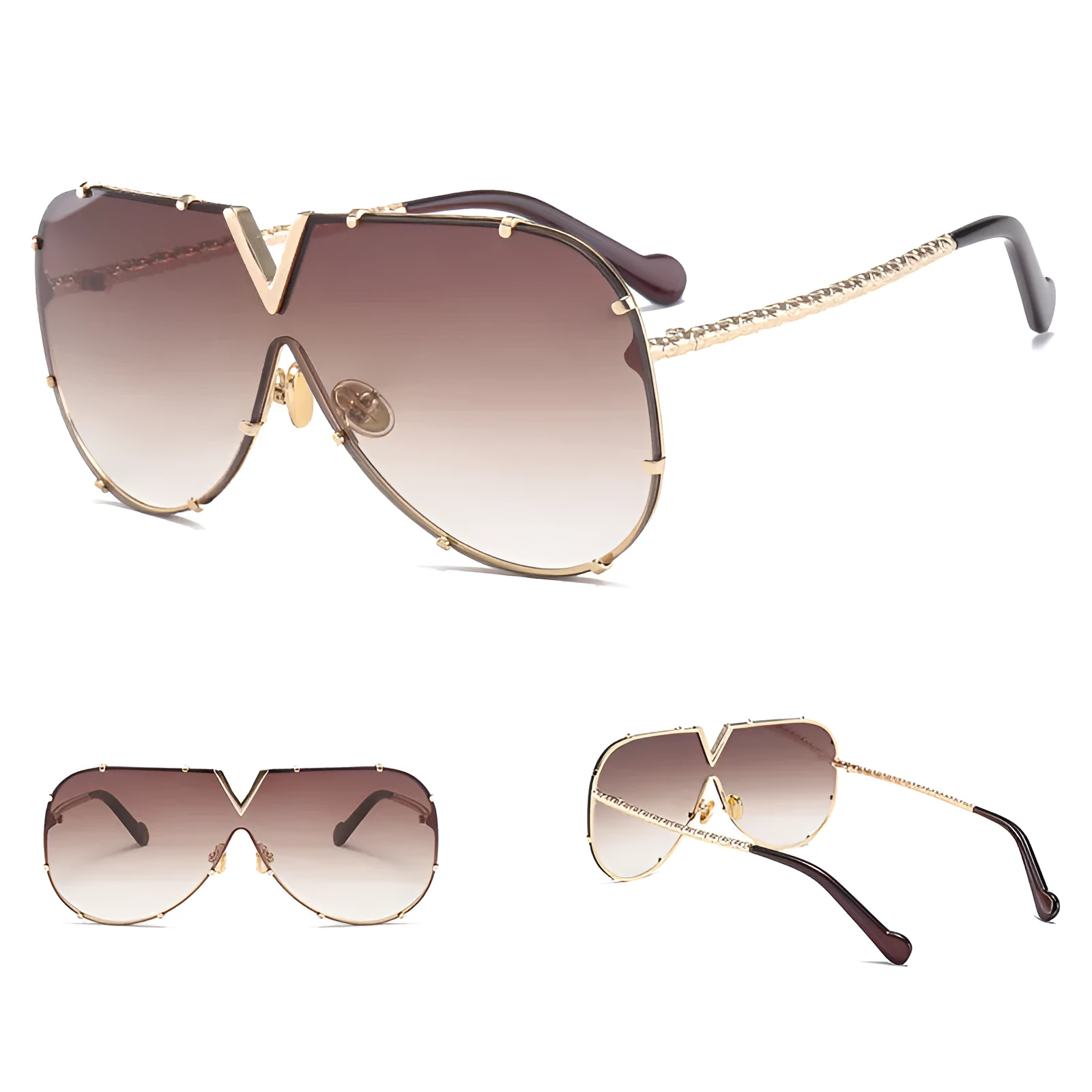 Frameless rivet sunglasses with metal retro punk frame and UV400 PC lenses in blue film colour