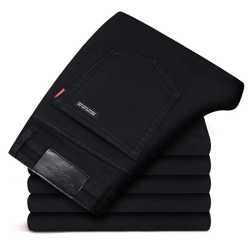Men's slim straight black jeans made of cotton denim, flat lay
