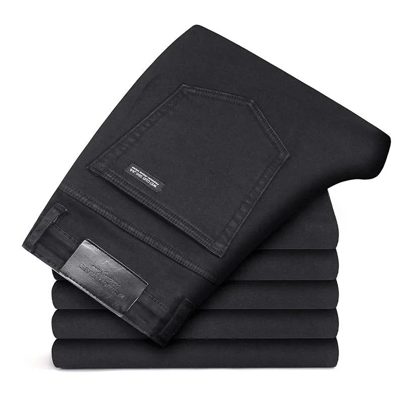 Men's slim straight black jeans made of cotton denim, flat lay