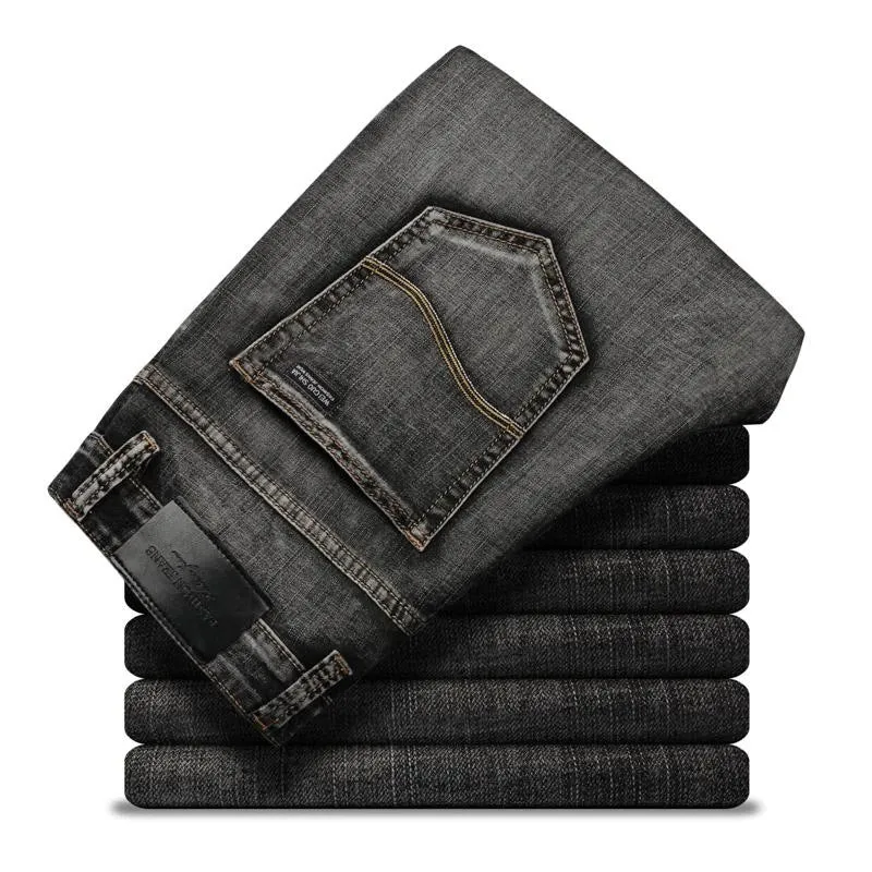 Men's slim straight black jeans made of cotton denim, flat lay