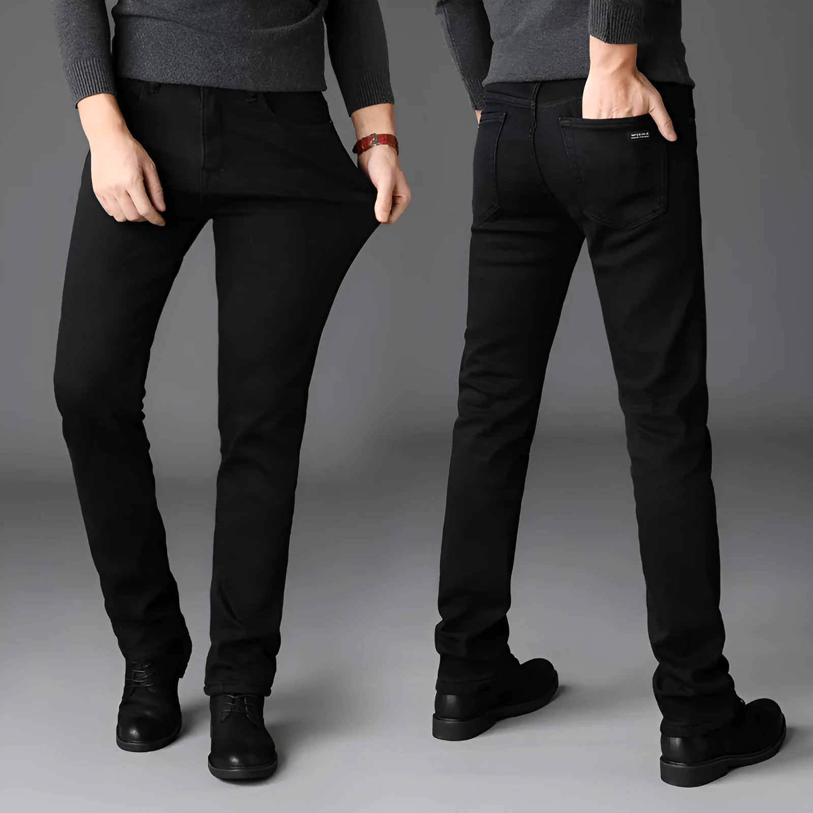 Men's slim straight black jeans made of cotton denim, flat lay