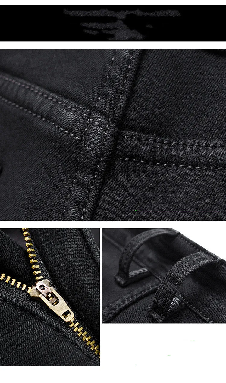 Men's slim straight black jeans made of cotton denim, flat lay