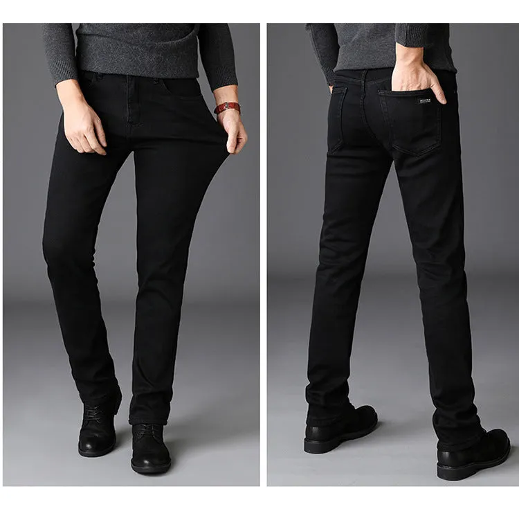 Men's slim straight black jeans made of cotton denim, flat lay
