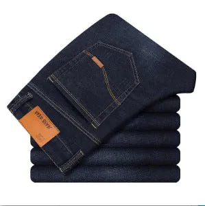 Men's slim straight black jeans made of cotton denim, flat lay