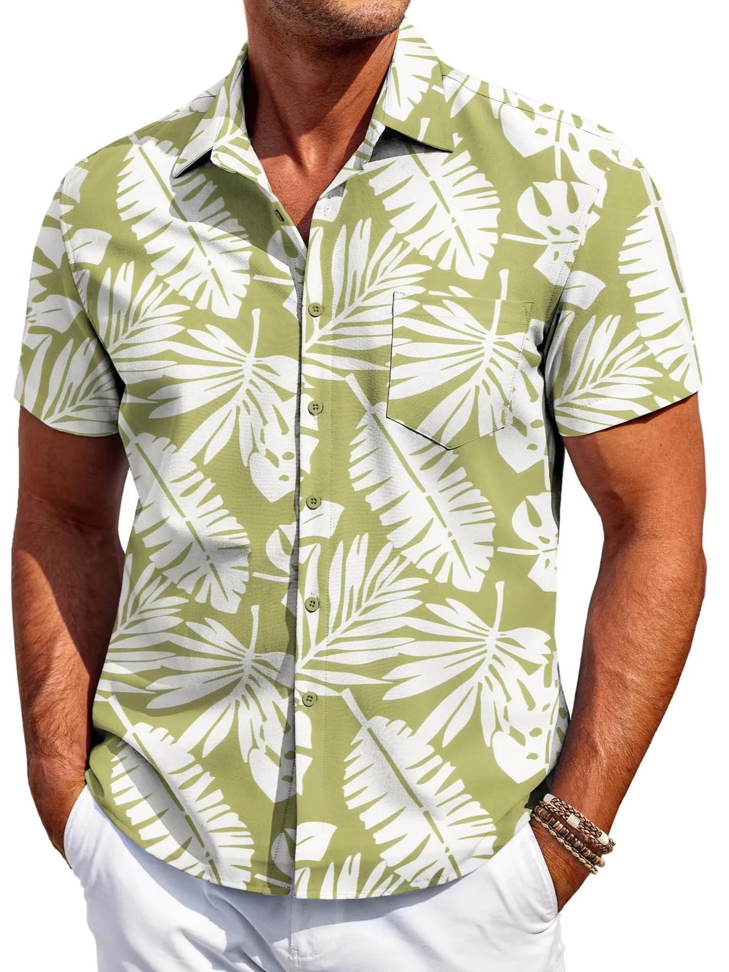 Man wearing a slim fit, short sleeve Hawaiian shirt in a colour choice from the available range.