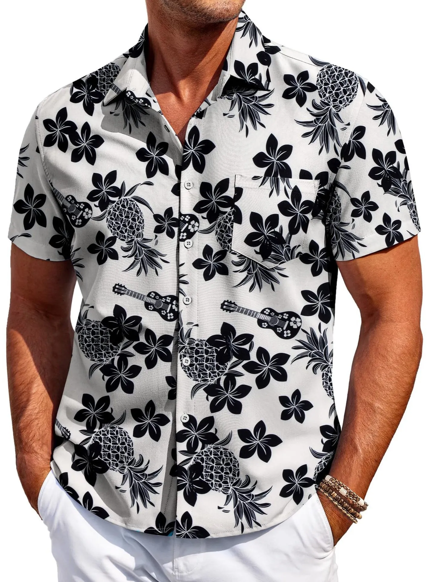 Man wearing a slim fit, short sleeve Hawaiian shirt in a colour choice from the available range.