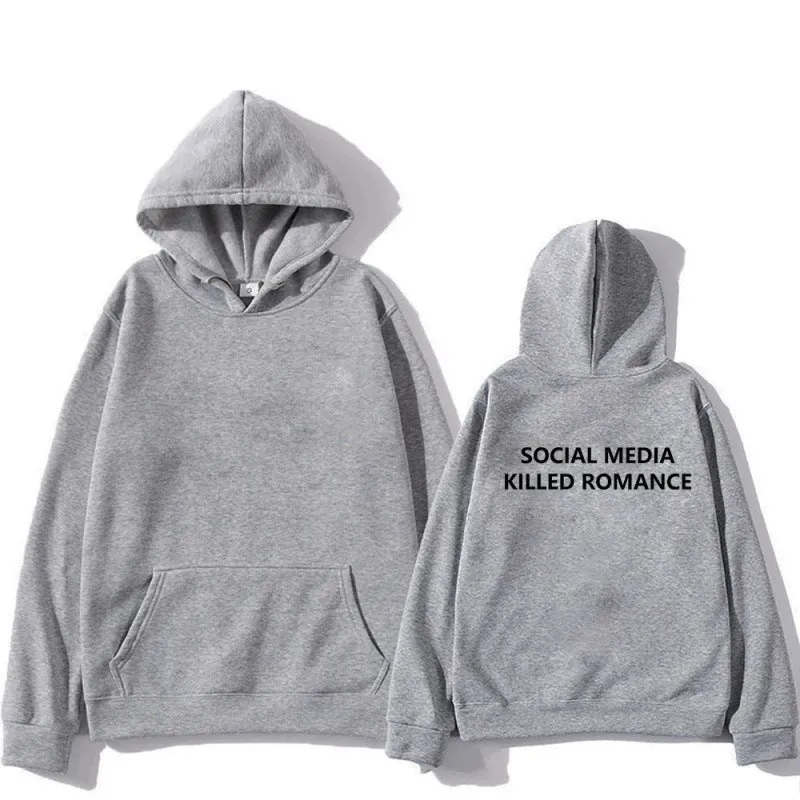 Men's slim-fit grey hoodie with a printed spring letter design on the front, featuring a hood and long sleeves.