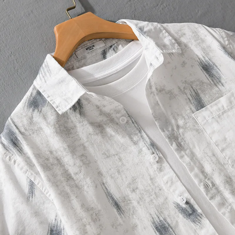 Men's floral print cotton cardigan with short sleeves in light green colour