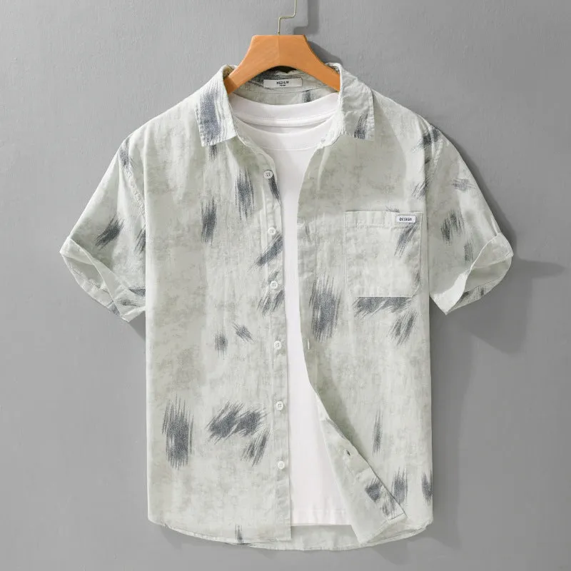 Men's floral print cotton cardigan with short sleeves in light green colour