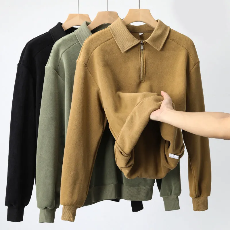 Men's fashion lapel half-zip fleece sweatshirt in black, long sleeves, hood, polyester cotton blend