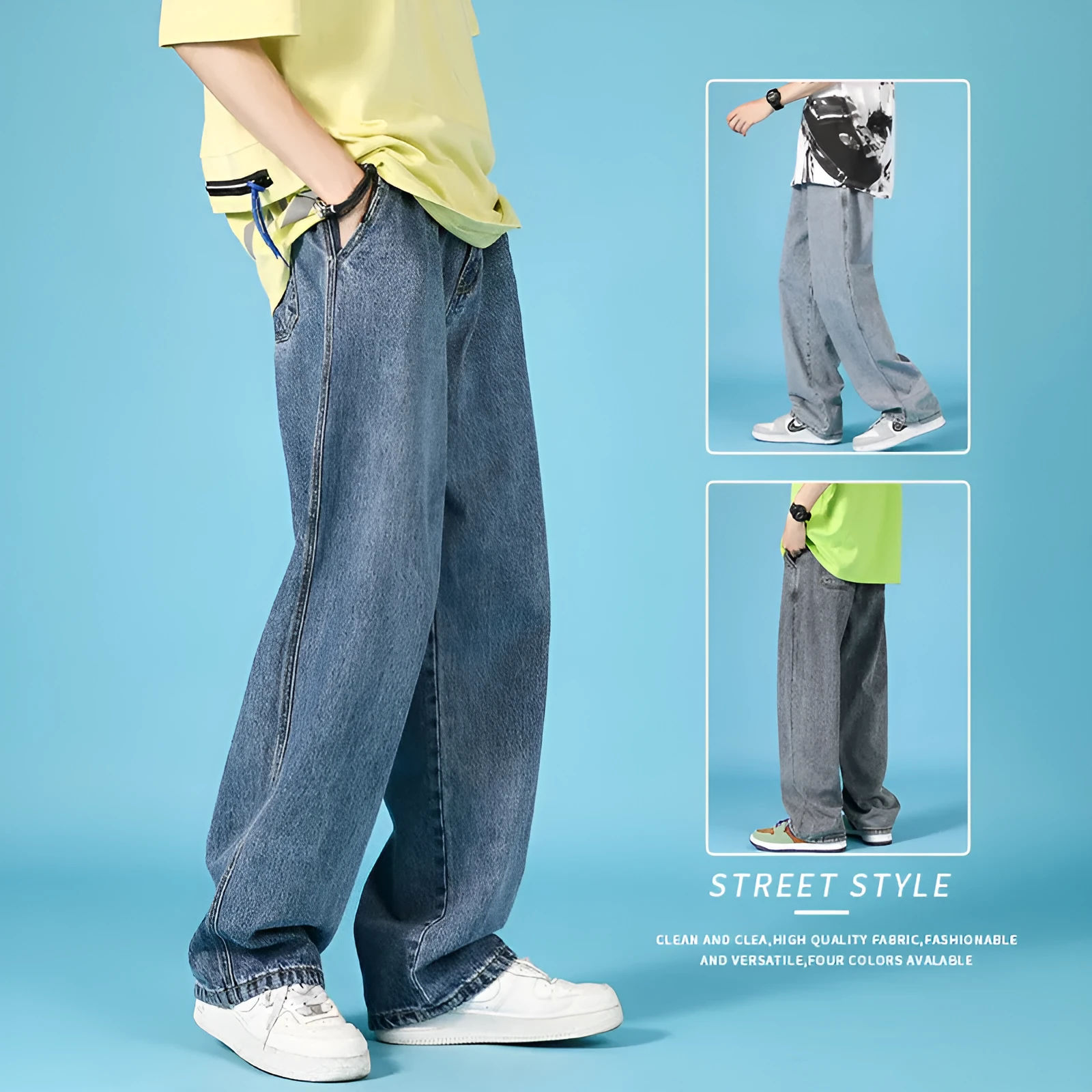 Men's straight loose denim jeans in light blue with zipper front and mid-waist fit