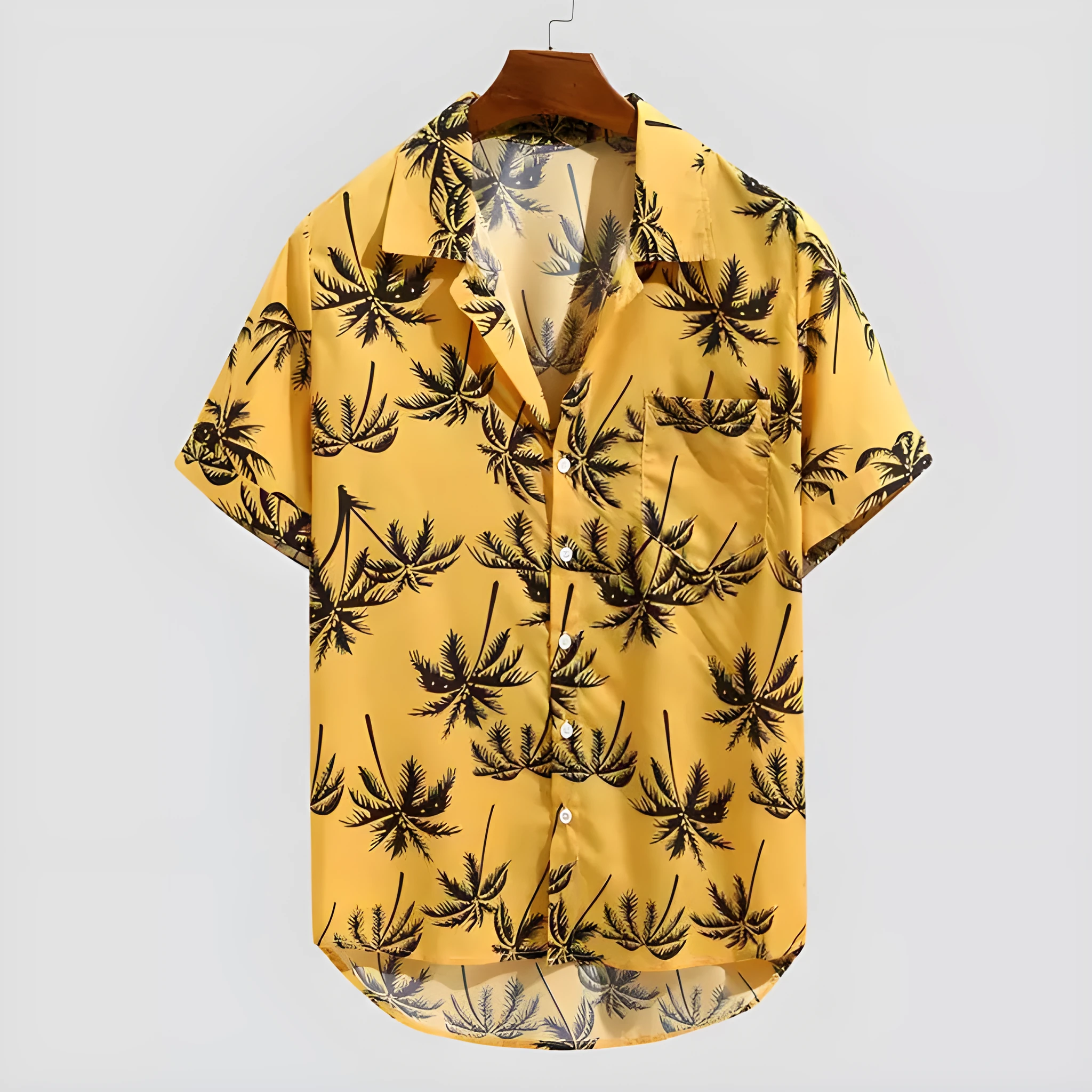Men's casual short sleeve button shirt with Hawaiian holiday print in yellow polyester