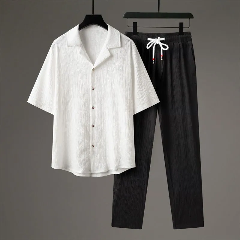 Men's grey Chinese-style casual two-piece sportswear set with short sleeve top and trousers on a hanger.