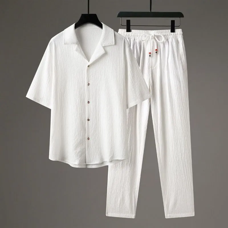 Men's grey Chinese-style casual two-piece sportswear set with short sleeve top and trousers on a hanger.