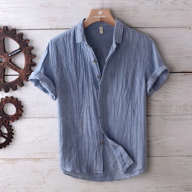Men's solid colour retro distressed linen shirt in white, front view, summer casual button-down