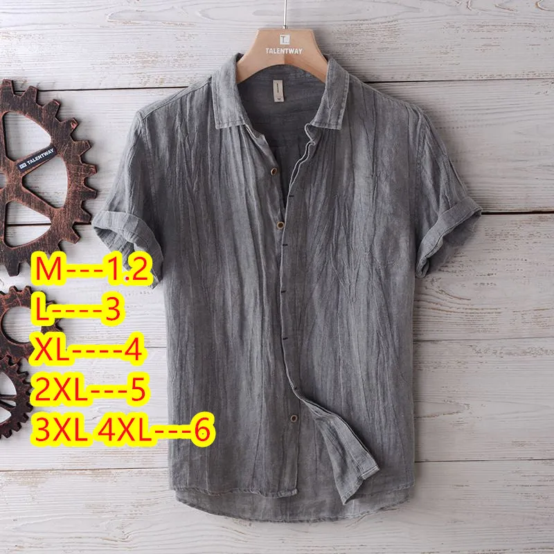 Men's solid colour retro distressed linen shirt in white, front view, summer casual button-down