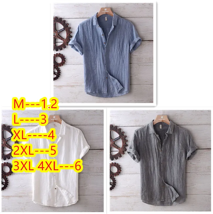Men's solid colour retro distressed linen shirt in white, front view, summer casual button-down