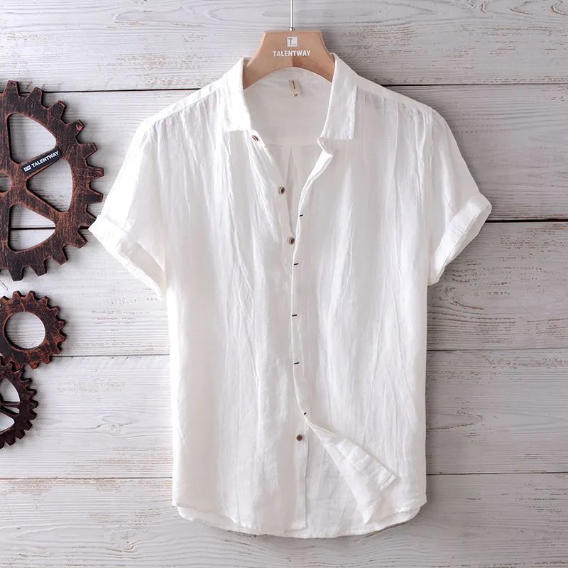 Men's solid colour retro distressed linen shirt in white, front view, summer casual button-down