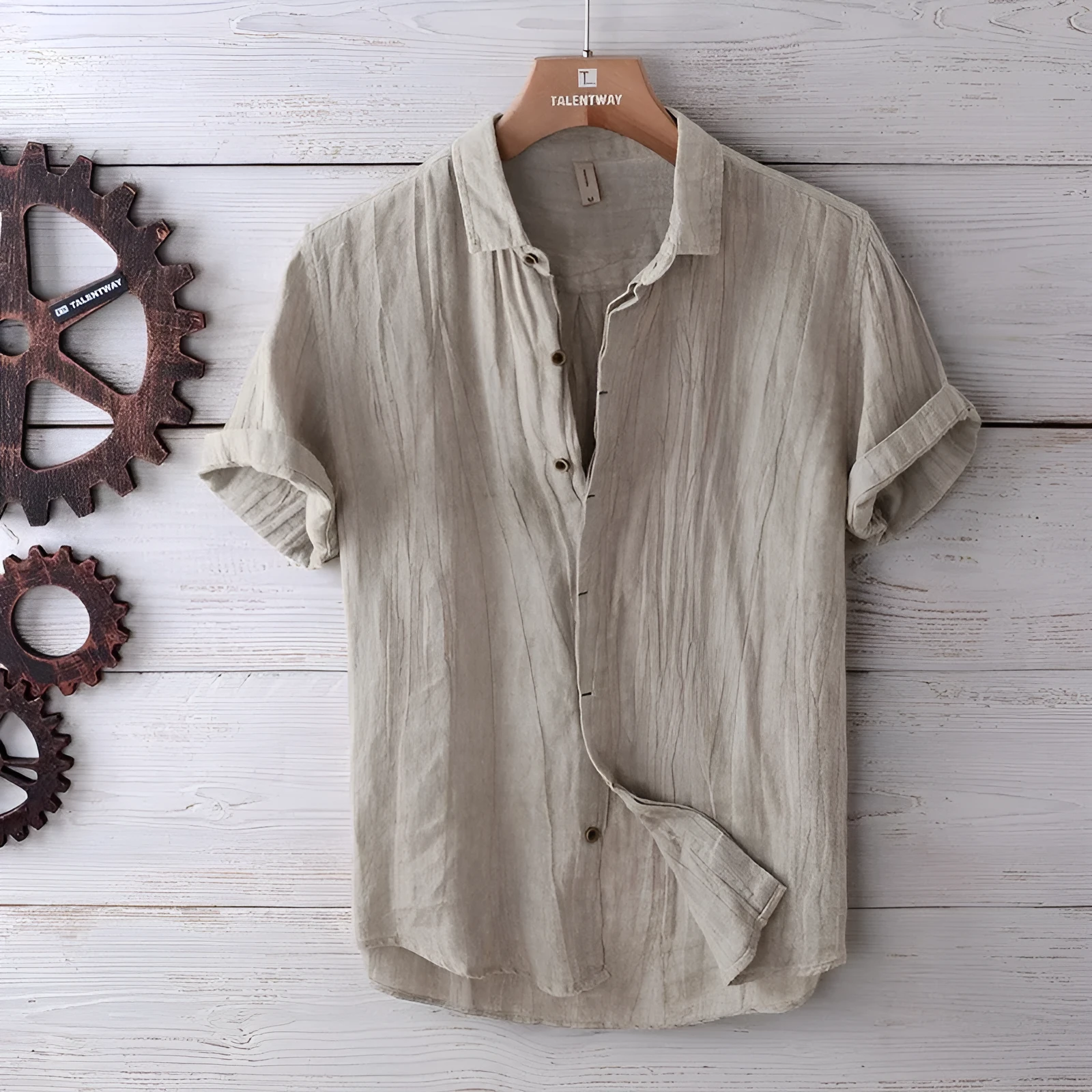 Men's solid colour retro distressed linen shirt in white, front view, summer casual button-down