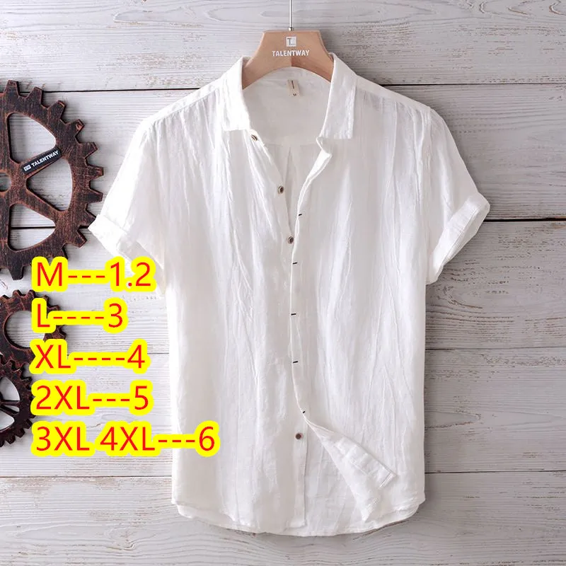Men's solid colour retro distressed linen shirt in white, front view, summer casual button-down