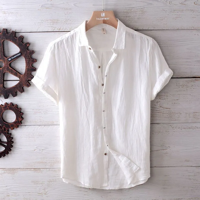 Men's solid colour retro distressed linen shirt in white, front view, summer casual button-down