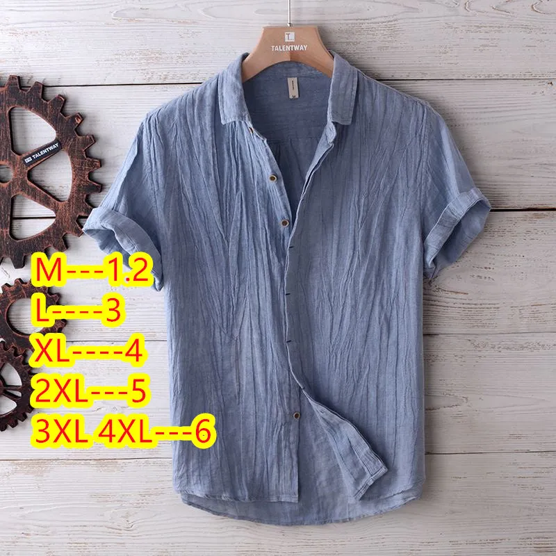 Men's solid colour retro distressed linen shirt in white, front view, summer casual button-down
