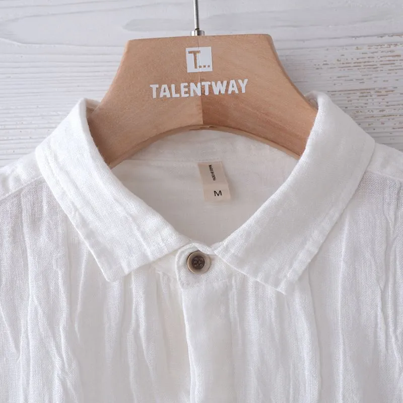Men's solid colour retro distressed linen shirt in white, front view, summer casual button-down