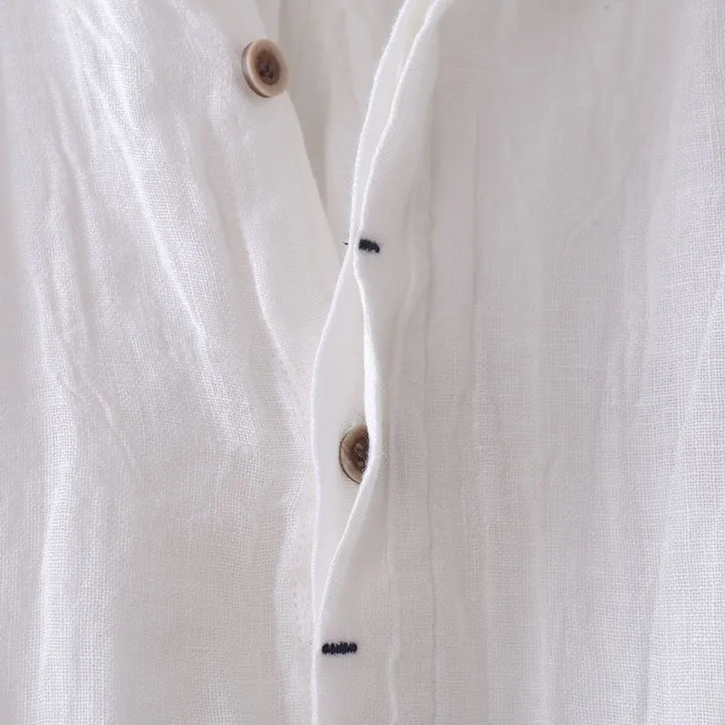 Men's solid colour retro distressed linen shirt in white, front view, summer casual button-down