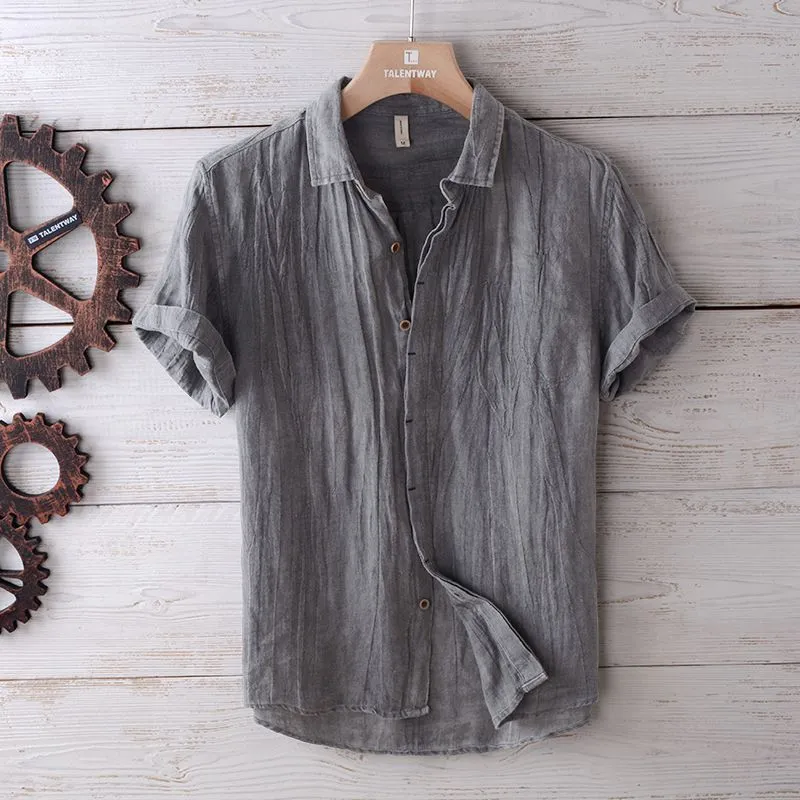 Men's solid colour retro distressed linen shirt in white, front view, summer casual button-down