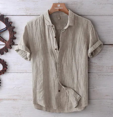 Men's solid colour retro distressed linen shirt in white, front view, summer casual button-down