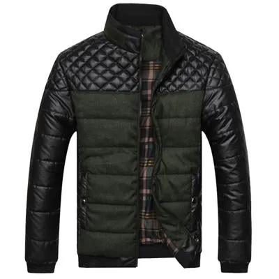 Men's winter jacket 4XL PU patchwork self-cultivation collar cotton broadcloth slim fit zipper closure blue colour