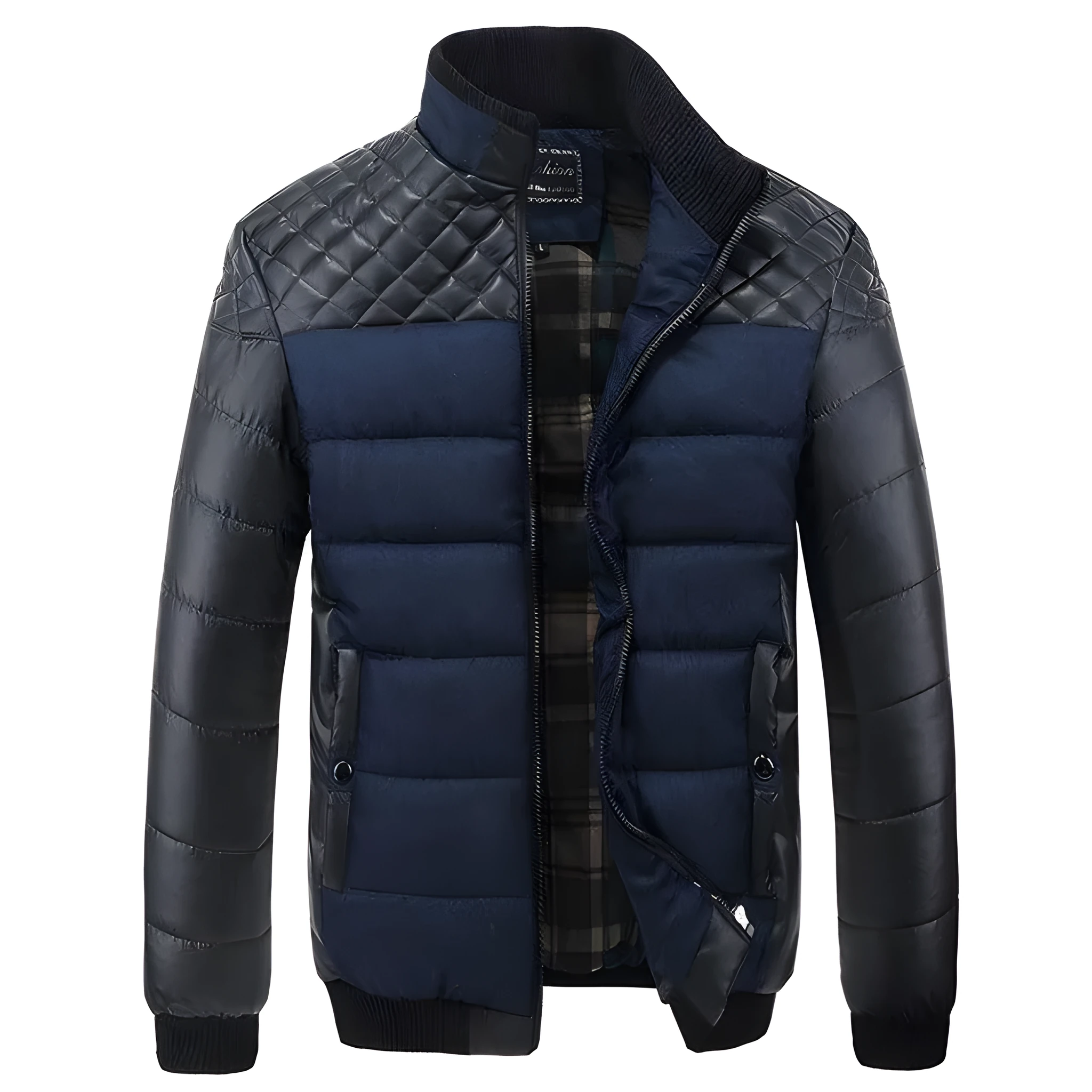 Men's winter jacket 4XL PU patchwork self-cultivation collar cotton broadcloth slim fit zipper closure blue colour