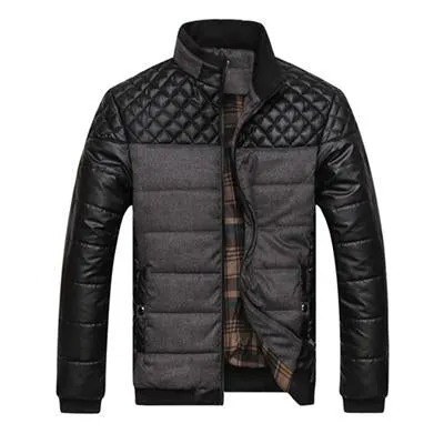 Men's winter jacket 4XL PU patchwork self-cultivation collar cotton broadcloth slim fit zipper closure blue colour