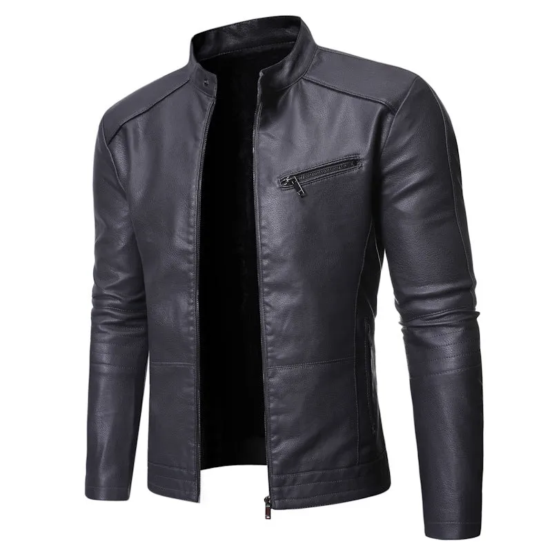 Men's cowhide motorcycle leather jacket in black with decorative pockets and plain style